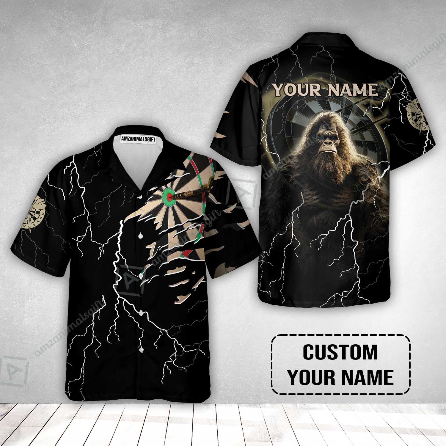 Customized Name Darts Hawaiian Shirt, Bullseye Dartboard Personalized Bigfoot And Darts Hawaiian Shirt - Image 2
