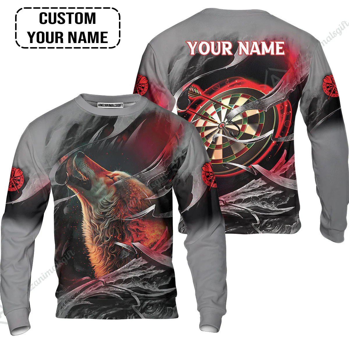 Customized Name Darts Hawaiian Shirt, Bullseye Dartboard Personalized Flame Wolf And Darts Hawaiian Shirt - Image 3