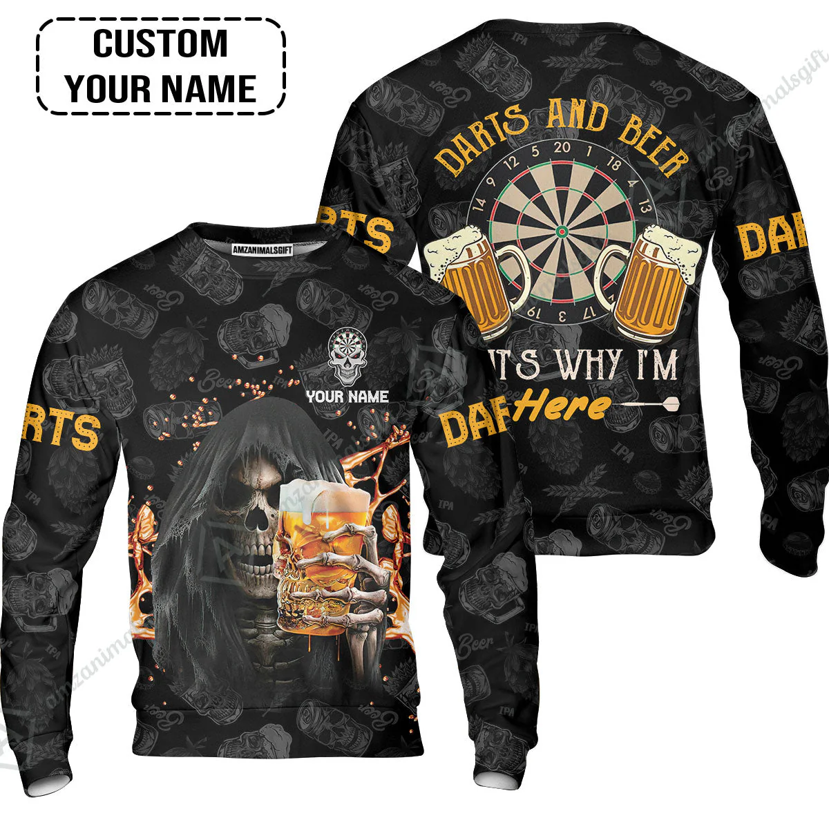 Customized Name Darts Hawaiian Shirt, Darts And Beer That's Why I'm Here Personalized Skull And Darts Hawaiian Shirt - Image 3