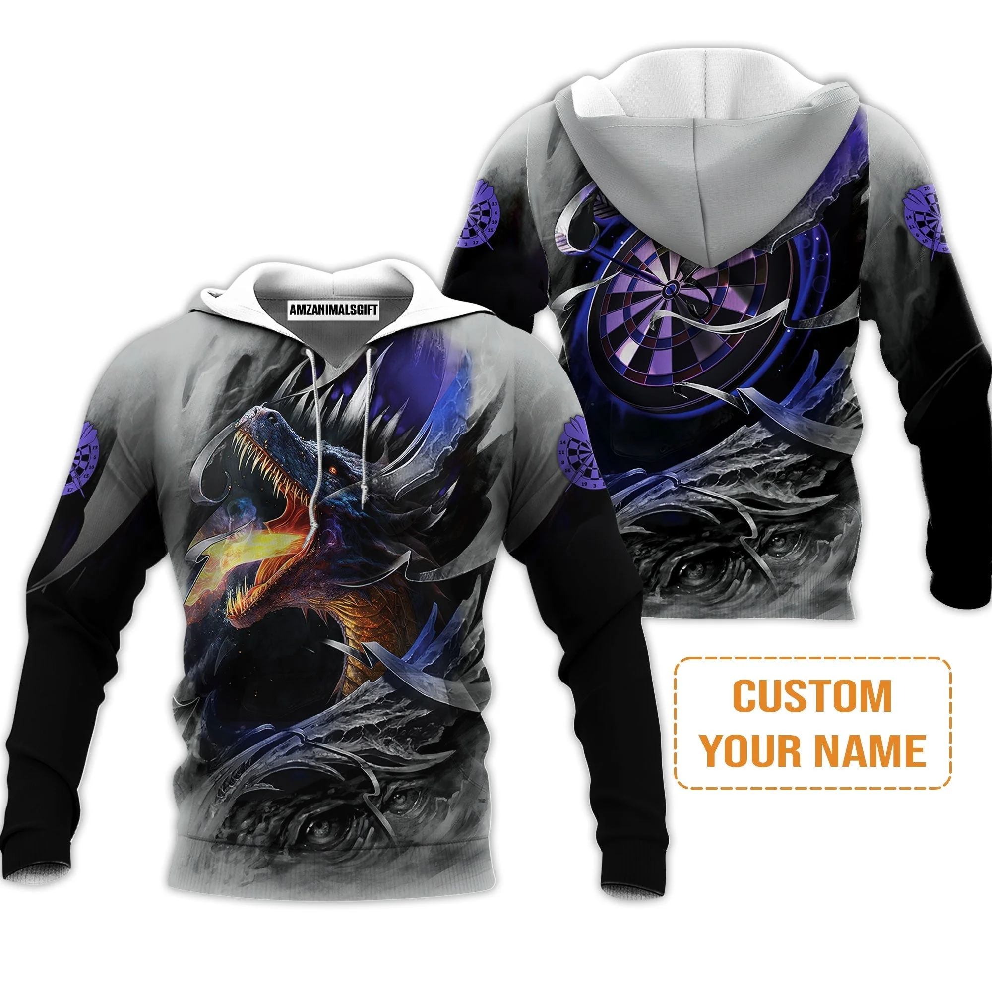 Customized Name Darts Hoodie, Bullseye Dartboard Personalized Flame Dragon And Darts Hoodie - Image 2
