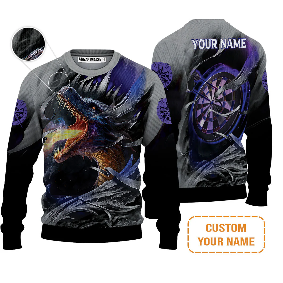 Customized Name Darts Hoodie, Bullseye Dartboard Personalized Flame Dragon And Darts Hoodie - Image 3