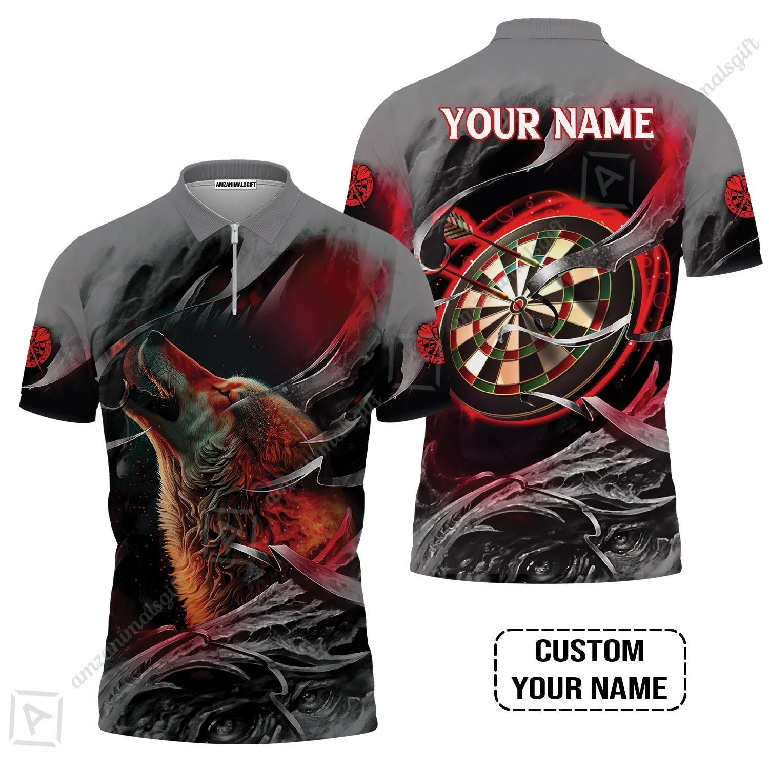 Customized Name Darts Hoodie, Bullseye Dartboard Personalized Flame Wolf And Darts Hoodie - Image 3