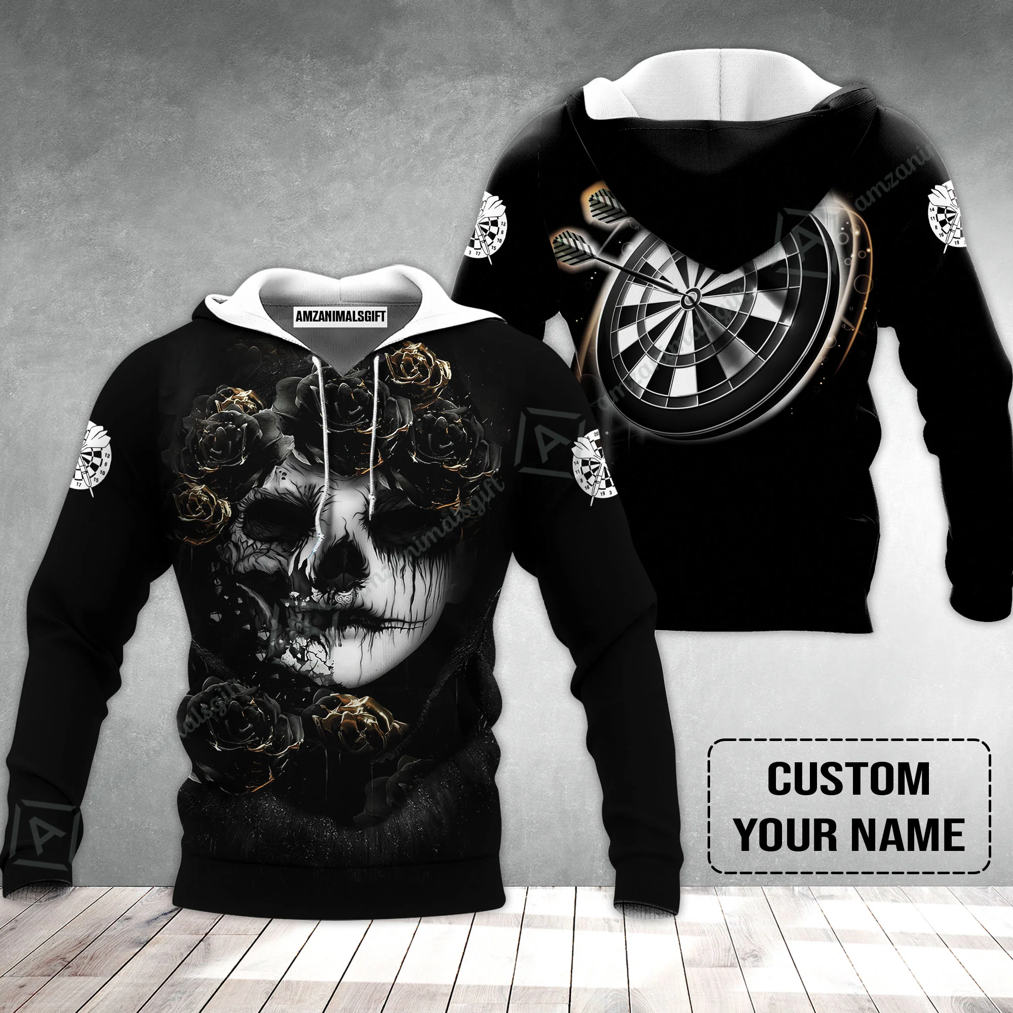 Customized Name Darts Hoodie, Flower Skull Girl And Dartboard Personalized Hoodie - Image 2