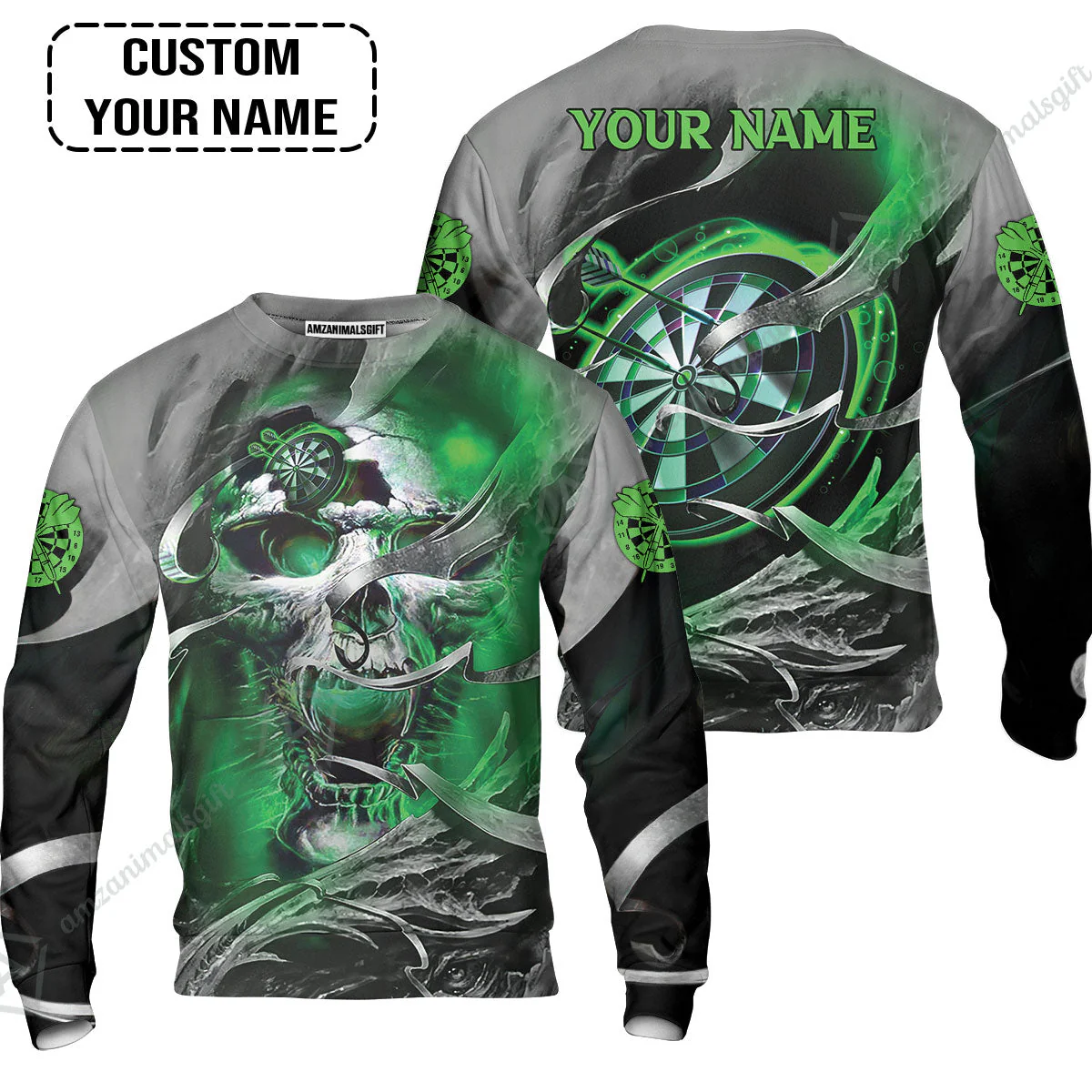 Customized Name Darts Hoodie, Green Skull Light Dartboard Personalized Hoodie - Image 6