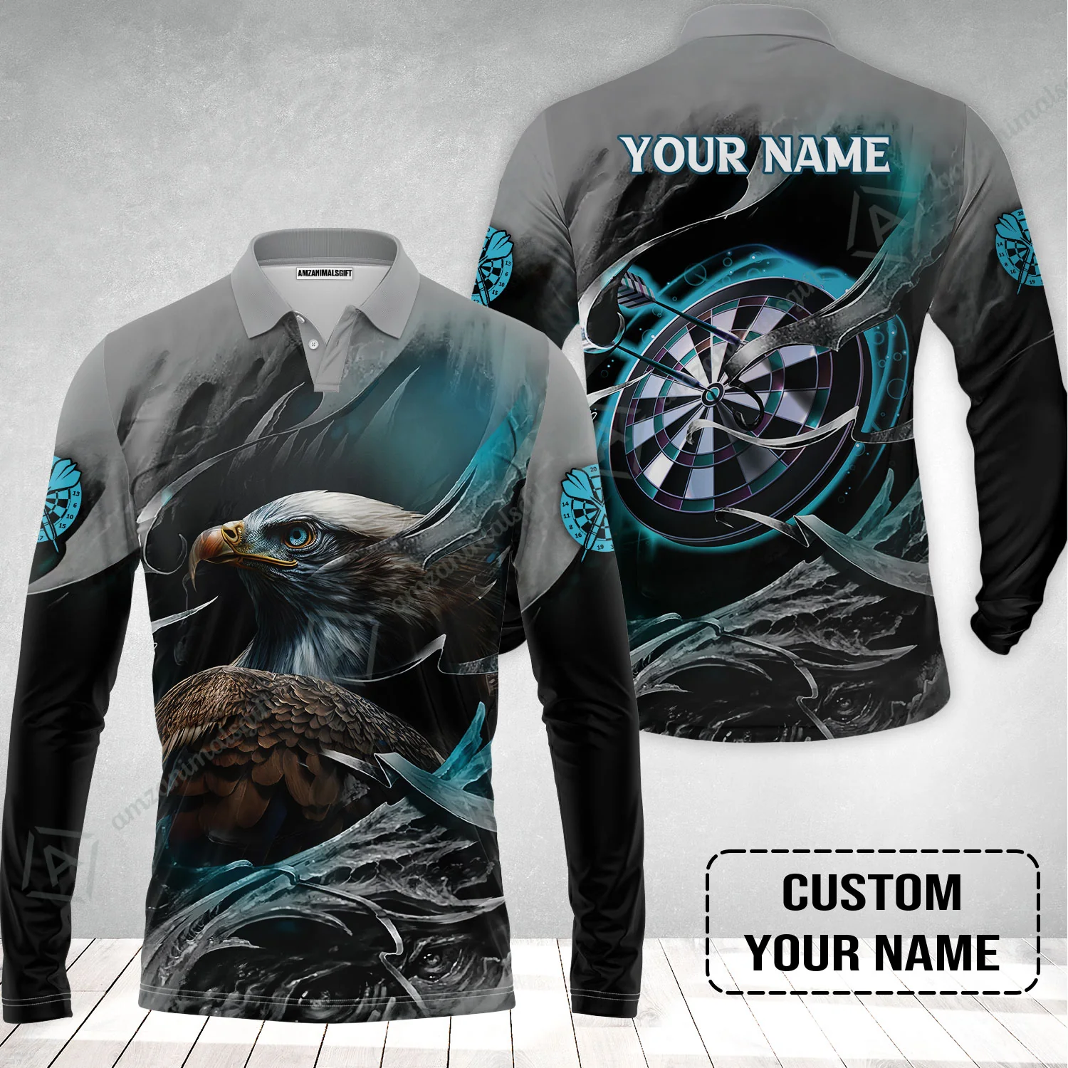 Customized Name Darts Long Polo Shirt, Bullseye Dartboard Personalized Eagle And Darts Long Polo Shirt - Image 2