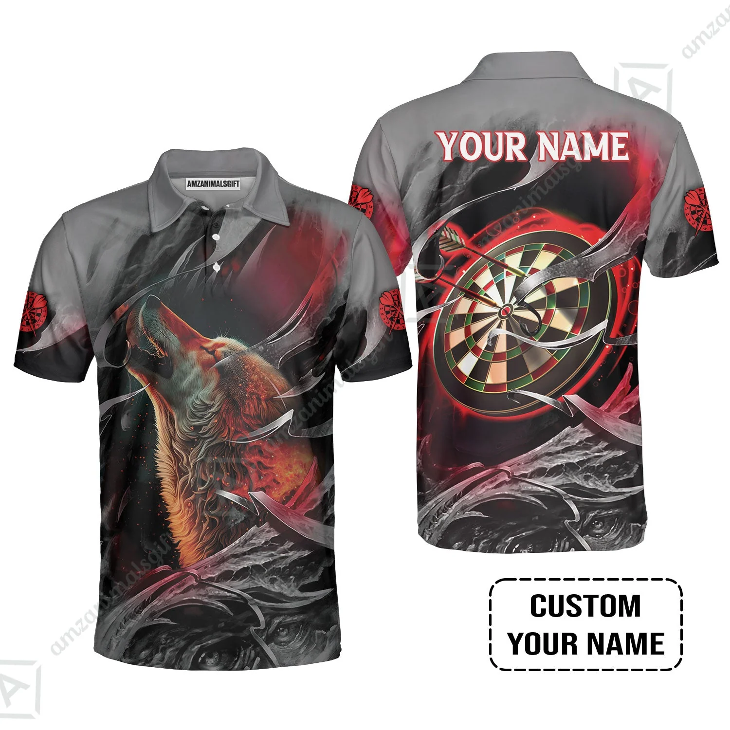 Customized Name Darts Long Polo Shirt, Bullseye Dartboard Personalized Flame Wolf And Darts Long Polo Shirt - Image 3