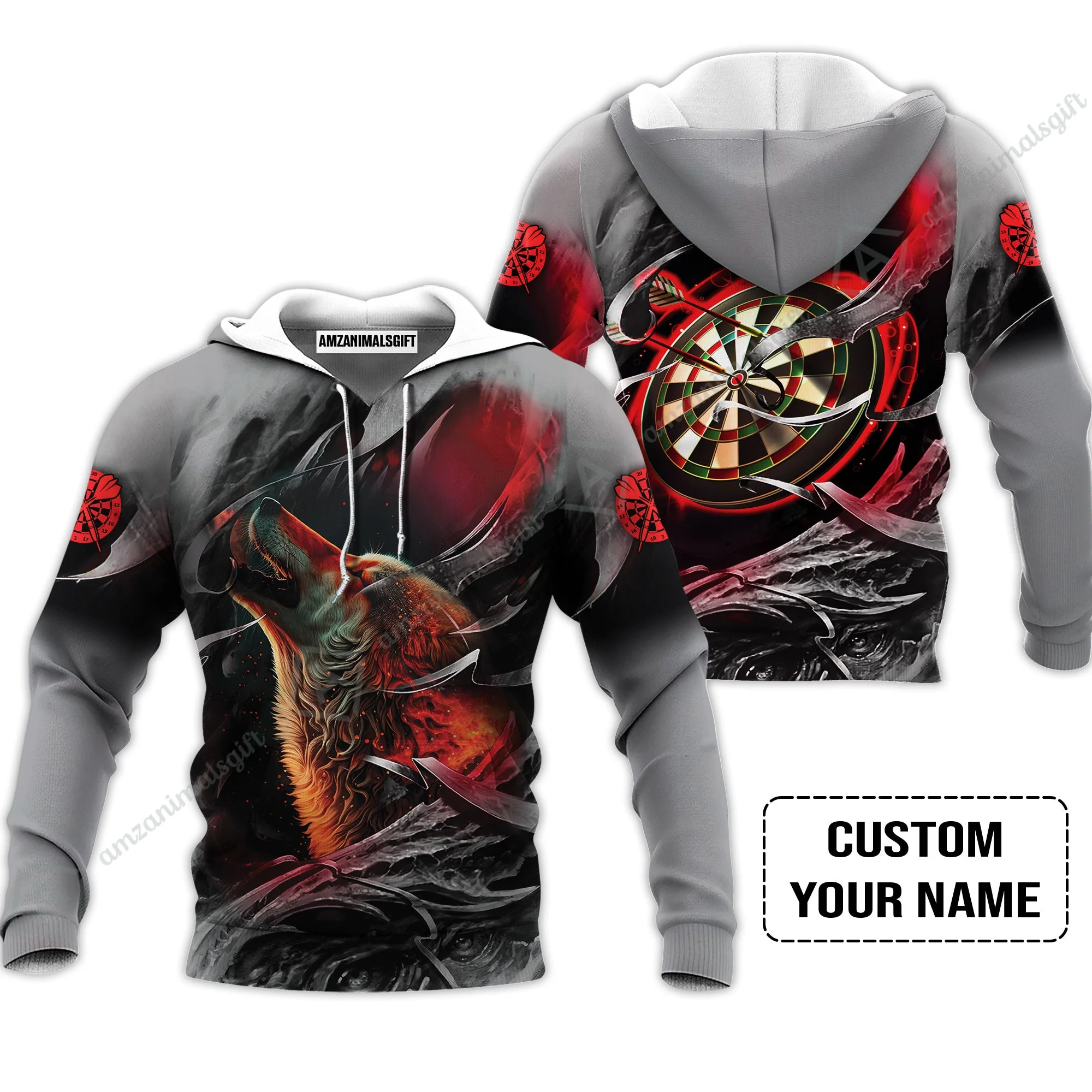Customized Name Darts Long Polo Shirt, Bullseye Dartboard Personalized Flame Wolf And Darts Long Polo Shirt - Image 5