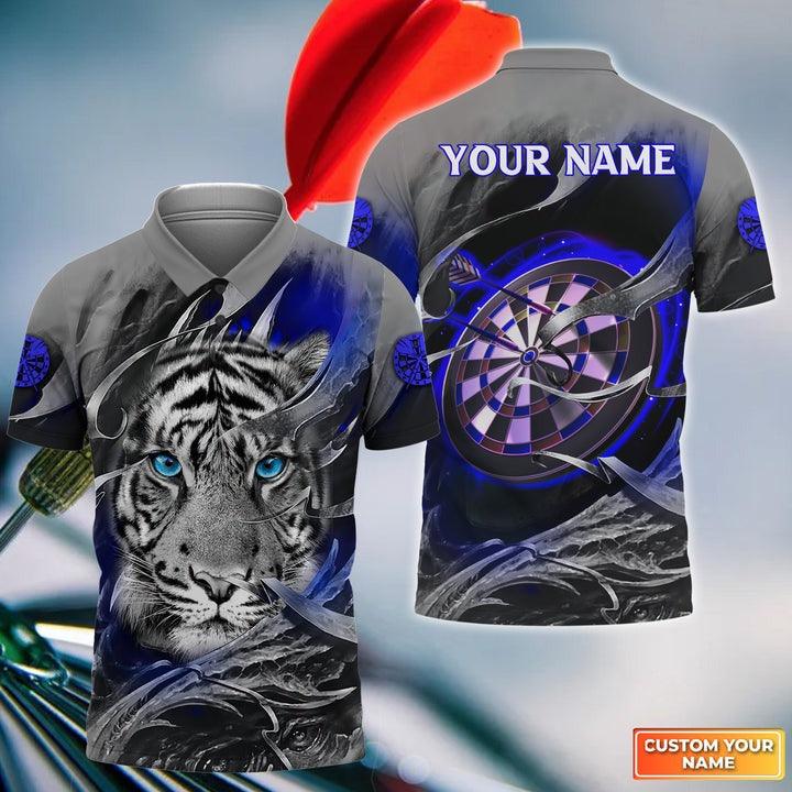 Customized Name Darts Men Polo Shirt, Blue Bullseye Dartboard Personalized Tiger And Darts Polo Shirt - Gift For Darts Players, Darts Lovers