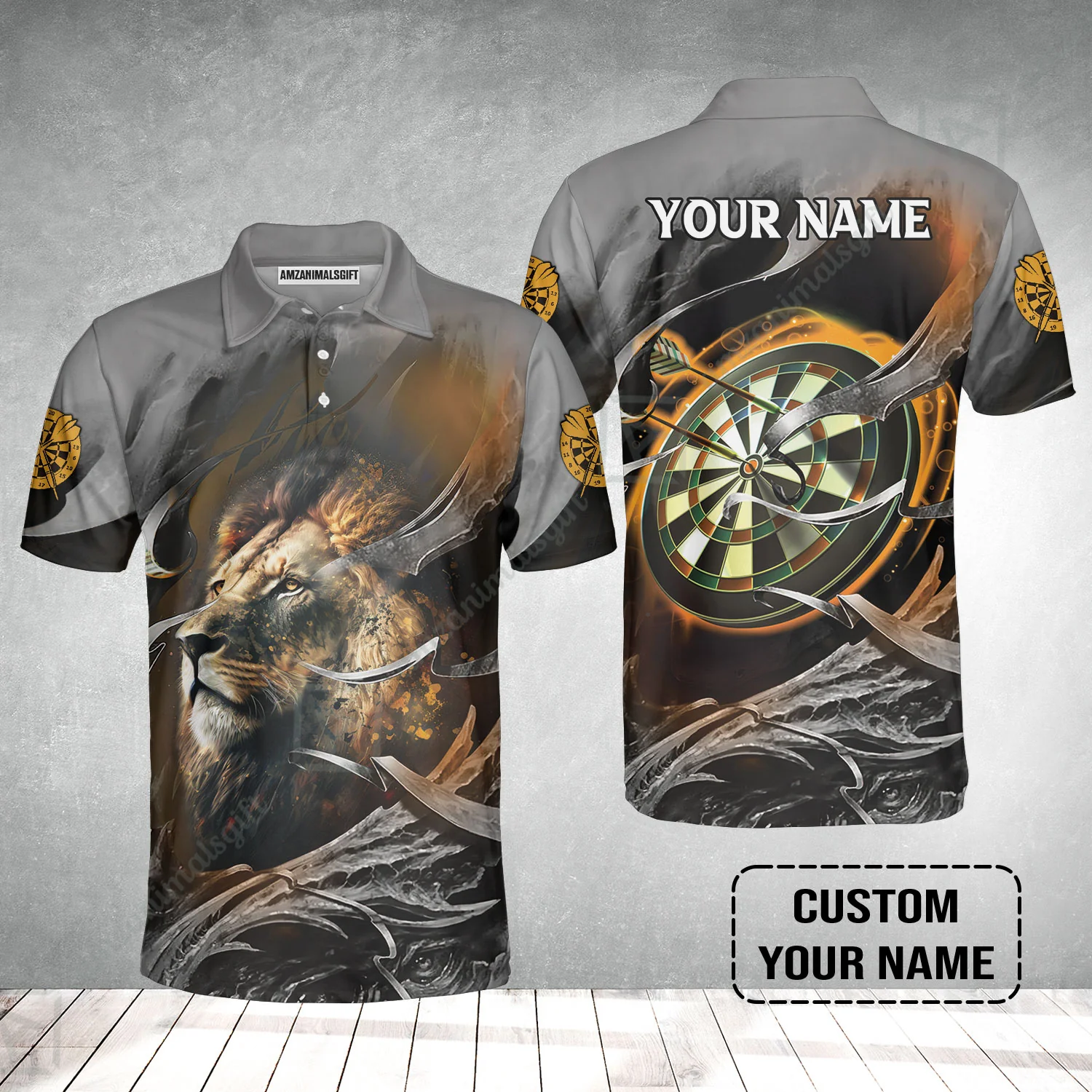 Customized Name Darts Men Polo Shirt, Bullseye Dartboard Personalized Lion And Darts Polo Shirt - Image 2
