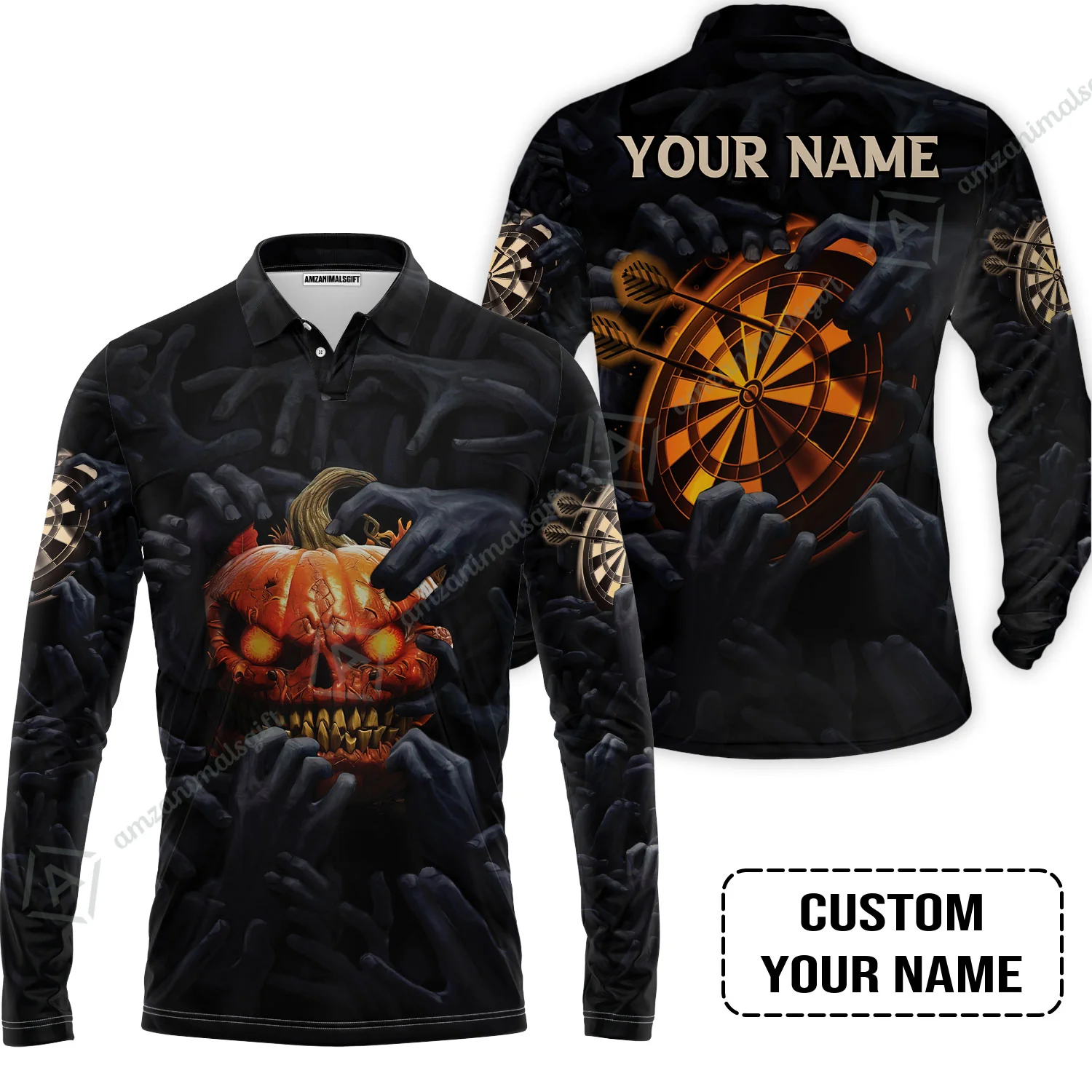 Customized Name Darts Men Polo Shirt, Bullseye Dartboard Personalized Pumpkin And Darts Polo Shirt - Image 3
