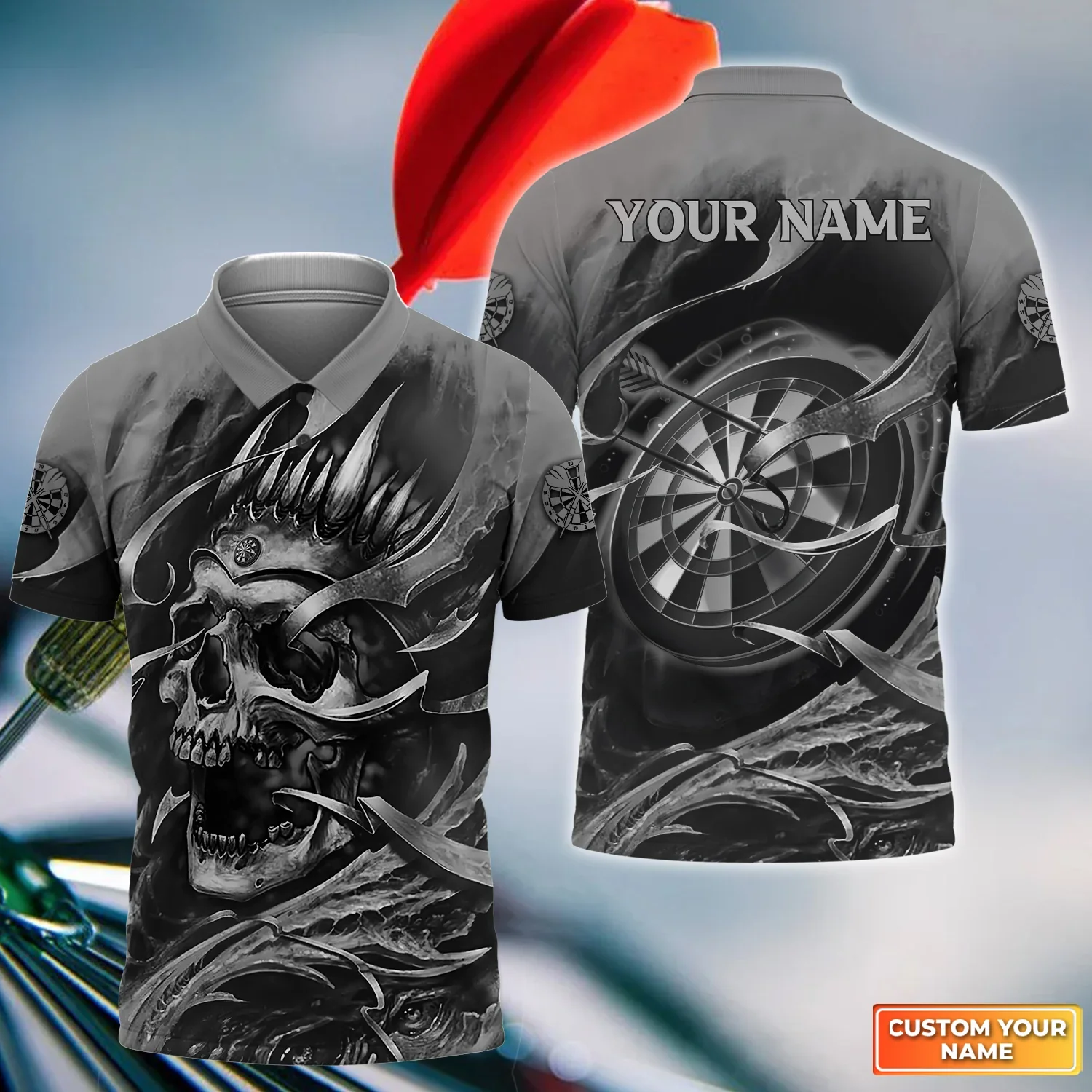 Customized Name Darts Men Polo Shirt, Gray Skull Dartboard Personalized Skull And Darts Polo Shirt - Gift For Darts Players Uniforms, Darts Lovers