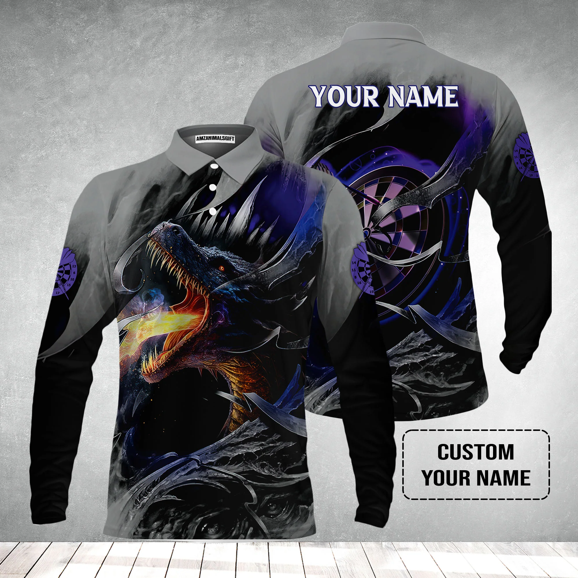 Customized Name Darts Men's Long Sleeve Polo Shirt, Bullseye Dartboard Personalized Flame Dragon And Darts Long Sleeve Polo Shirt