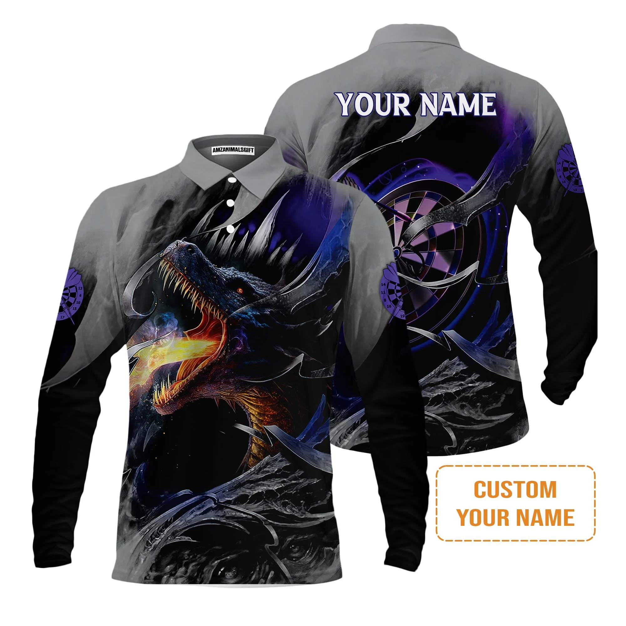 Customized Name Darts Men's Long Sleeve Polo Shirt, Bullseye Dartboard Personalized Flame Dragon And Darts Long Sleeve Polo Shirt - Image 2