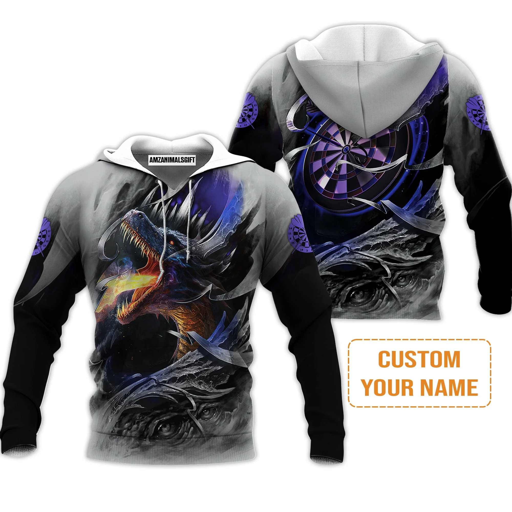 Customized Name Darts Men's Long Sleeve Polo Shirt, Bullseye Dartboard Personalized Flame Dragon And Darts Long Sleeve Polo Shirt - Image 5