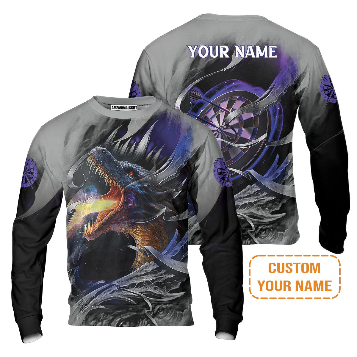 Customized Name Darts Men's Long Sleeve Polo Shirt, Bullseye Dartboard Personalized Flame Dragon And Darts Long Sleeve Polo Shirt - Image 6