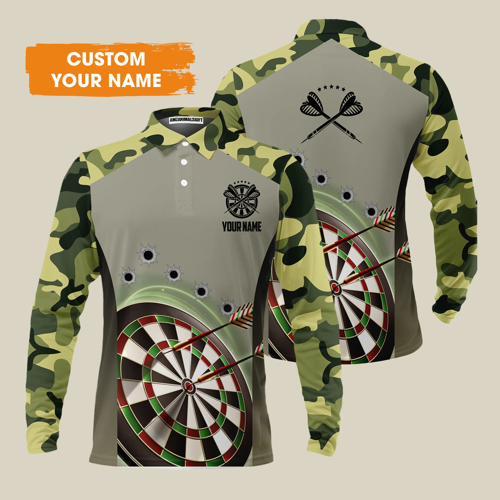 Customized Name Darts Men's Long Sleeve Polo Shirt, Camo Pattern Personalized Darts Men's Long Sleeve Polo Shirt - Perfect Gift For Darts Lovers - Image 2