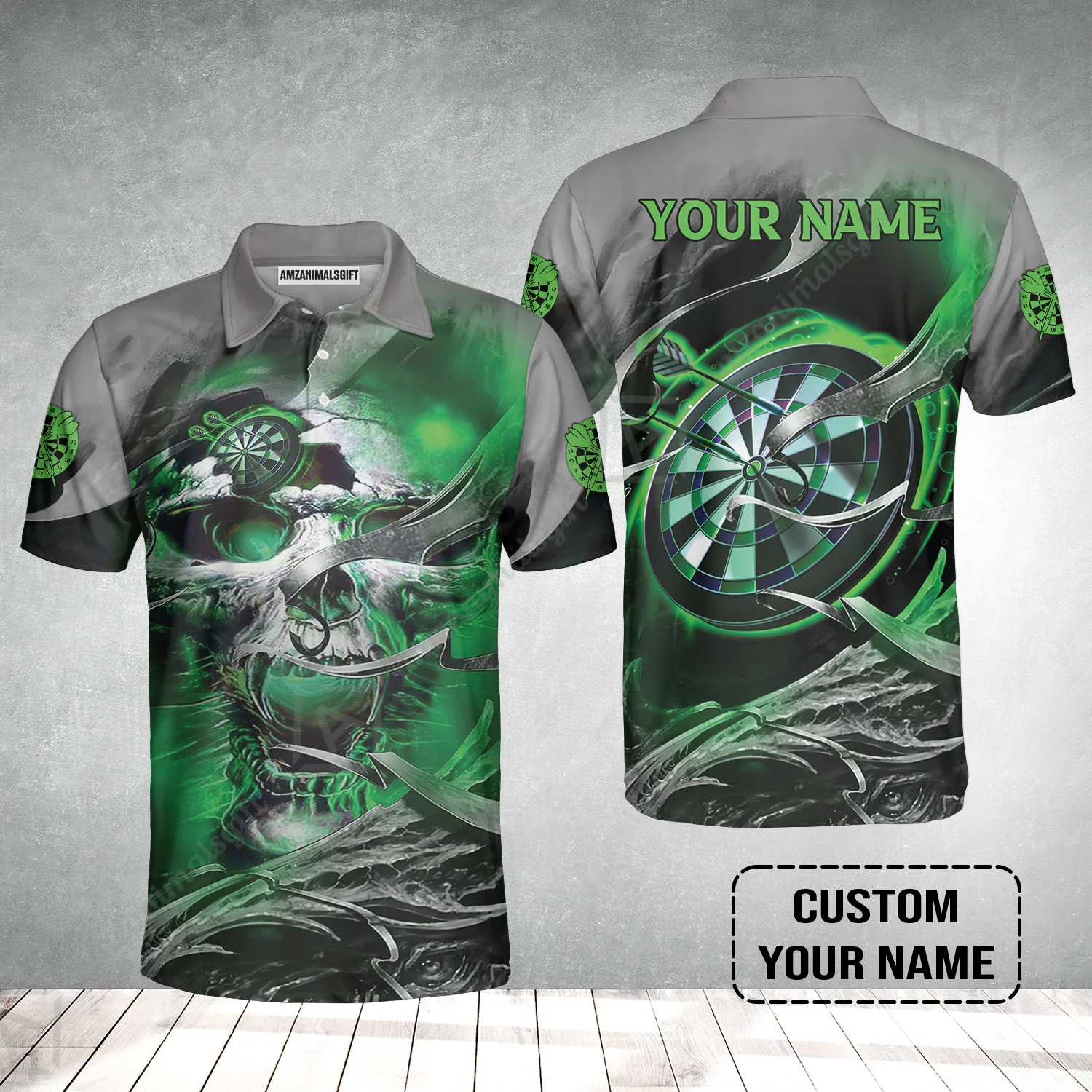 Customized Name Darts Polo Shirt, Green Skull Light Dartboard Personalized Polo Shirt - Image 2