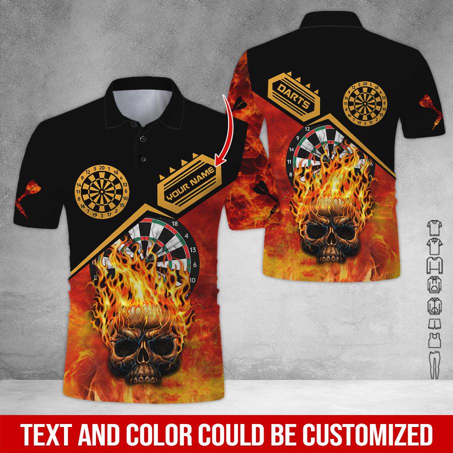 Customized Name Darts Polo Shirt, Skull Flame Personalized Name Darts Polo Shirt For Men - Perfect Gift For Darts Lovers, Darts Players