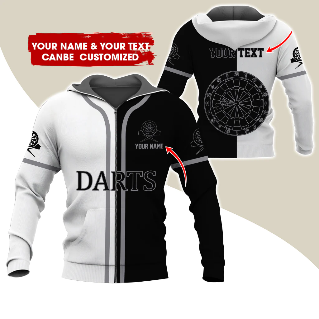 Customized Name Darts Premium Zip Hoodie, Personalized White & Black Pattern Darts Zip Hoodie For Men & Women - Gift For Darts Lovers, Darts Players - Image 5