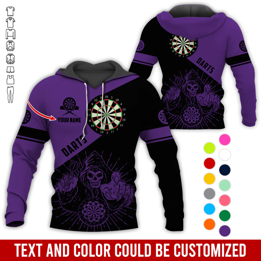 Customized Name Darts Skull Premium Hoodie, Skeleton Playing Darts Pattern Hoodie, Perfect Gift For Darts Lovers, Friend, Family - Image 3