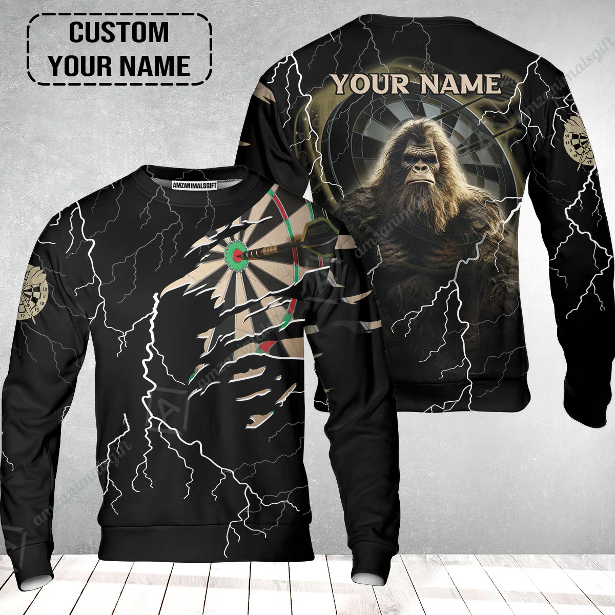 Customized Name Darts Sweatshirt, Bullseye Dartboard Personalized Bigfoot And Darts Sweatshirt - Image 2