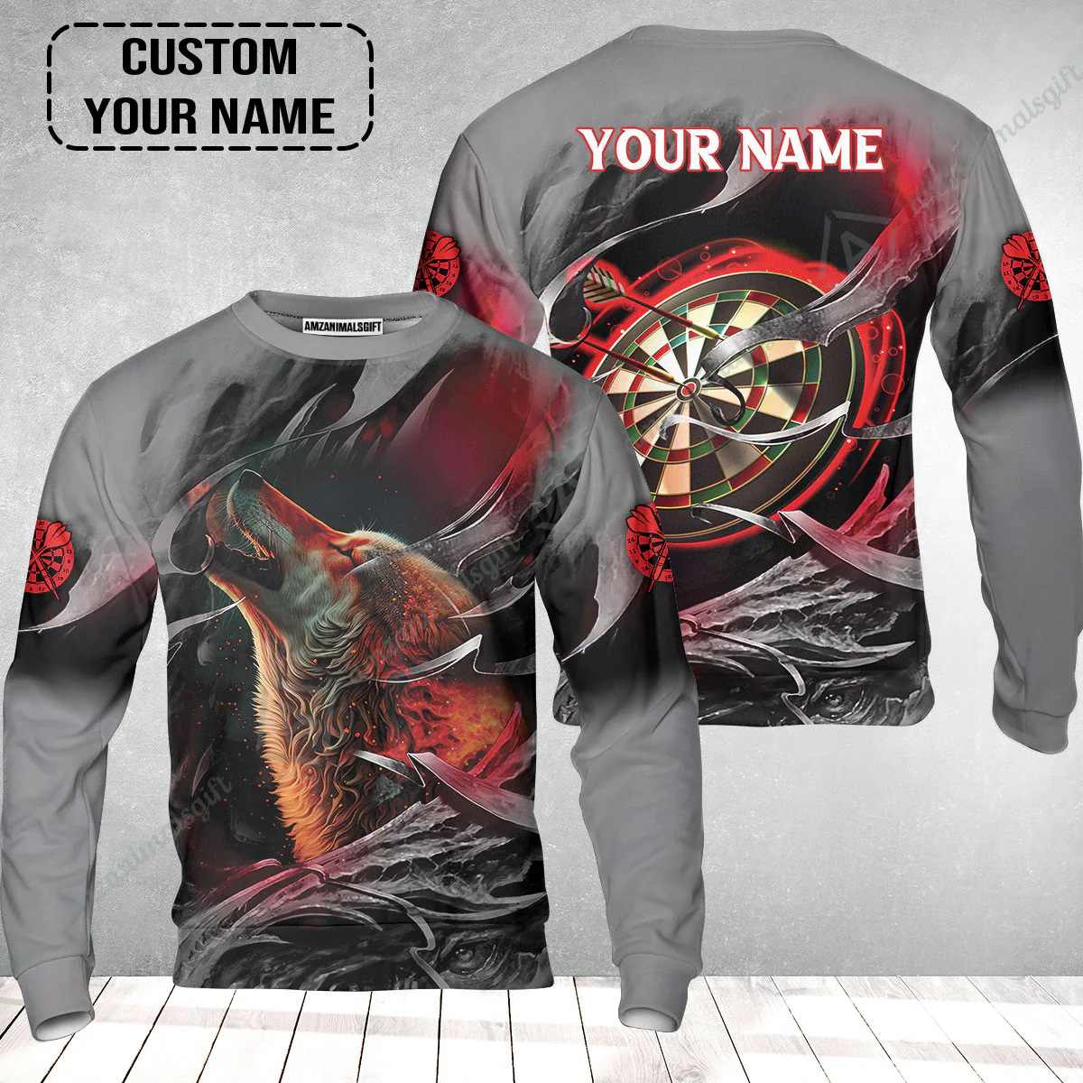 Customized Name Darts Sweatshirt, Bullseye Dartboard Personalized Flame Wolf And Darts Sweatshirt - Image 2
