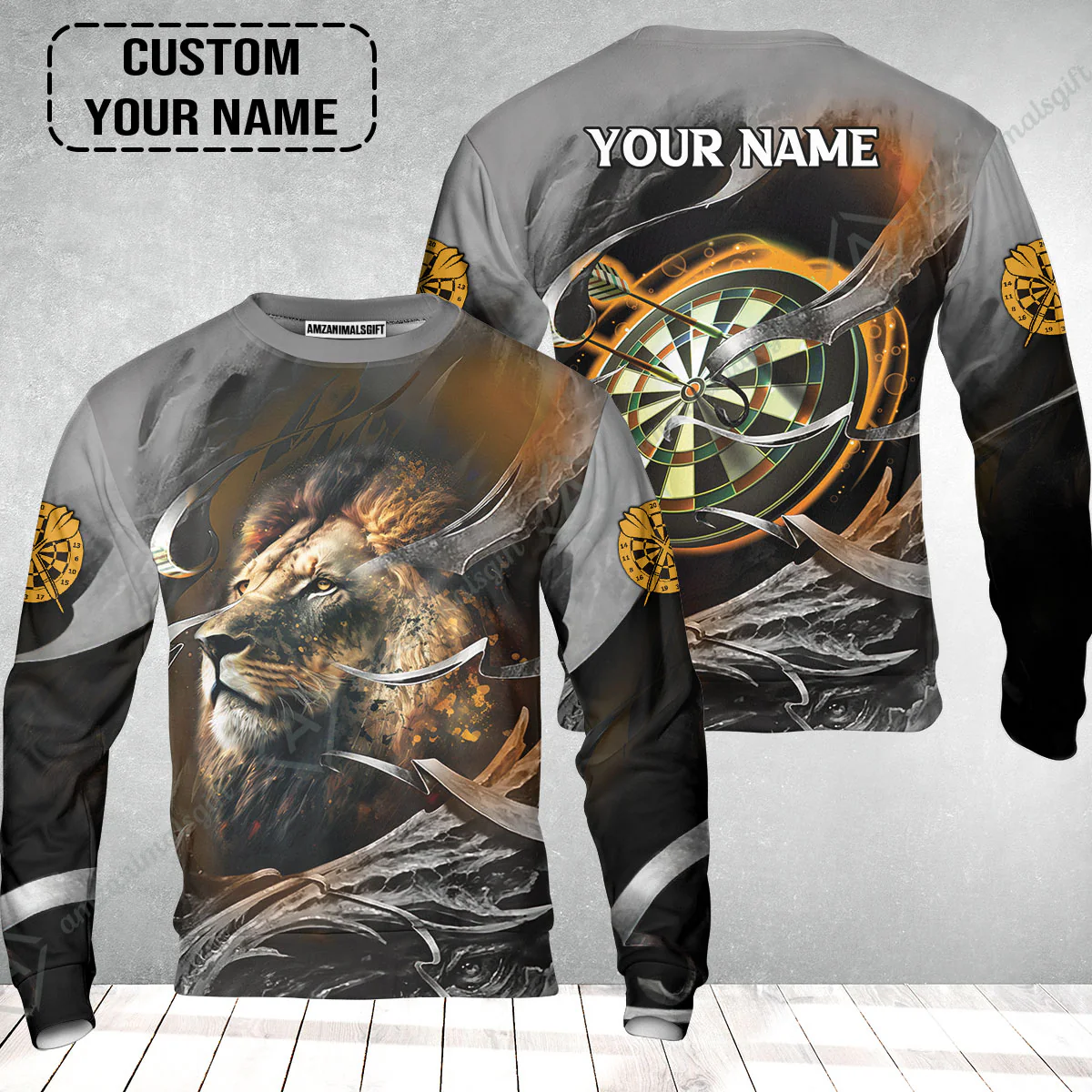 Customized Name Darts Sweatshirt, Bullseye Dartboard Personalized Lion And Darts Sweatshirt - Image 2
