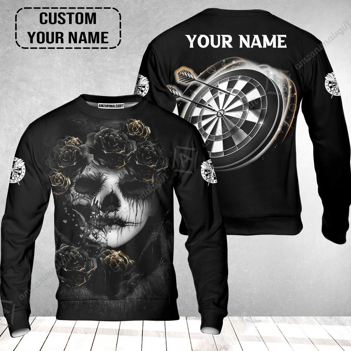 Customized Name Darts Sweatshirt, Flower Skull Girl And Dartboard Personalized Sweatshirt - Image 2