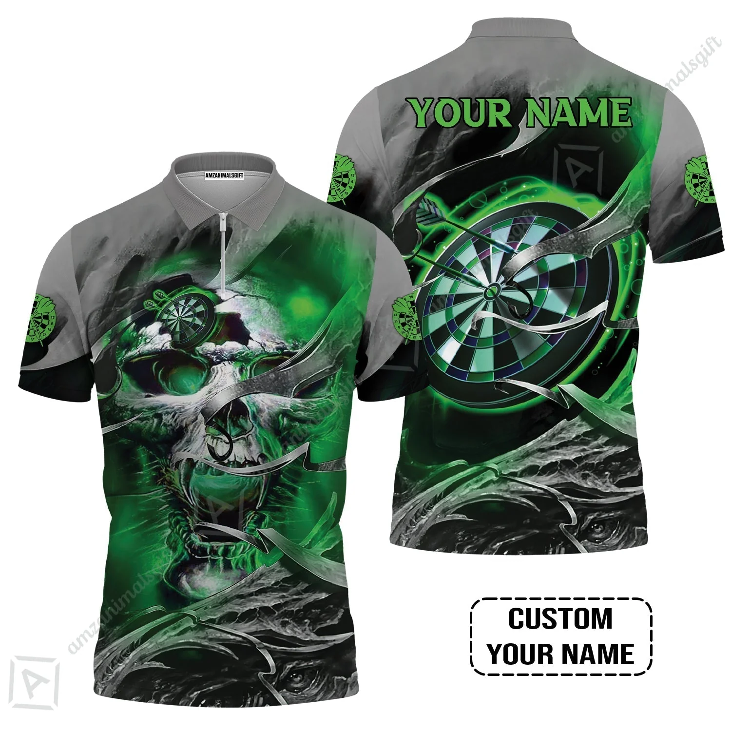 Customized Name Darts Sweatshirt, Green Skull Light Dartboard Personalized Sweatshirt - Image 4