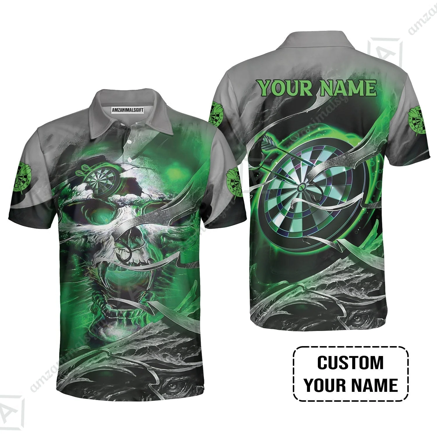 Customized Name Darts Sweatshirt, Green Skull Light Dartboard Personalized Sweatshirt - Image 6
