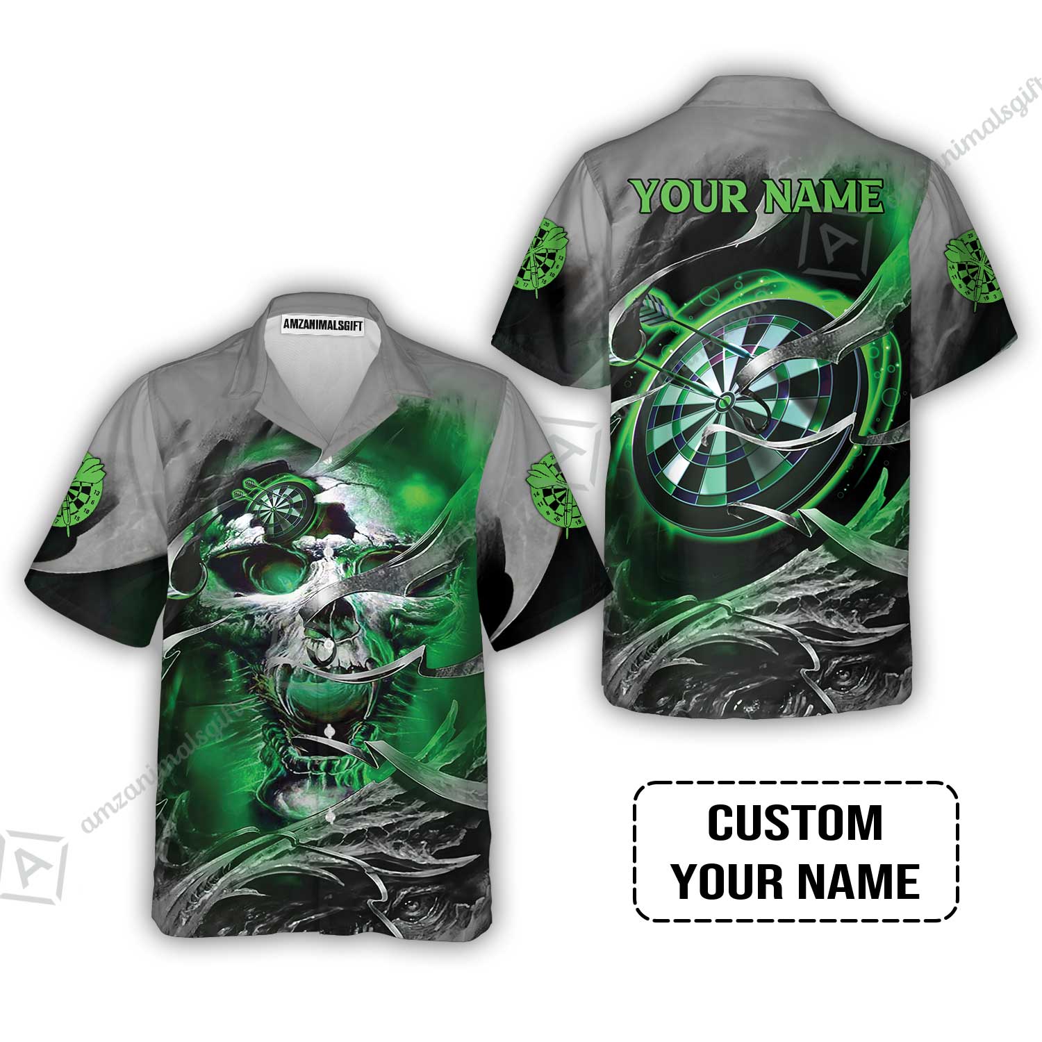 Customized Name Darts Sweatshirt, Green Skull Light Dartboard Personalized Sweatshirt - Image 7