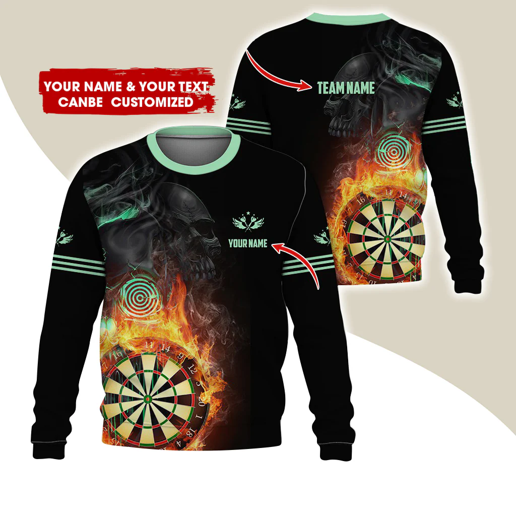 Customized Name Darts Sweatshirt, Personalized Skull Dartboard Flame Sweatshirt For Men & Women - Gift For Darts Lovers, Darts Players - Image 3