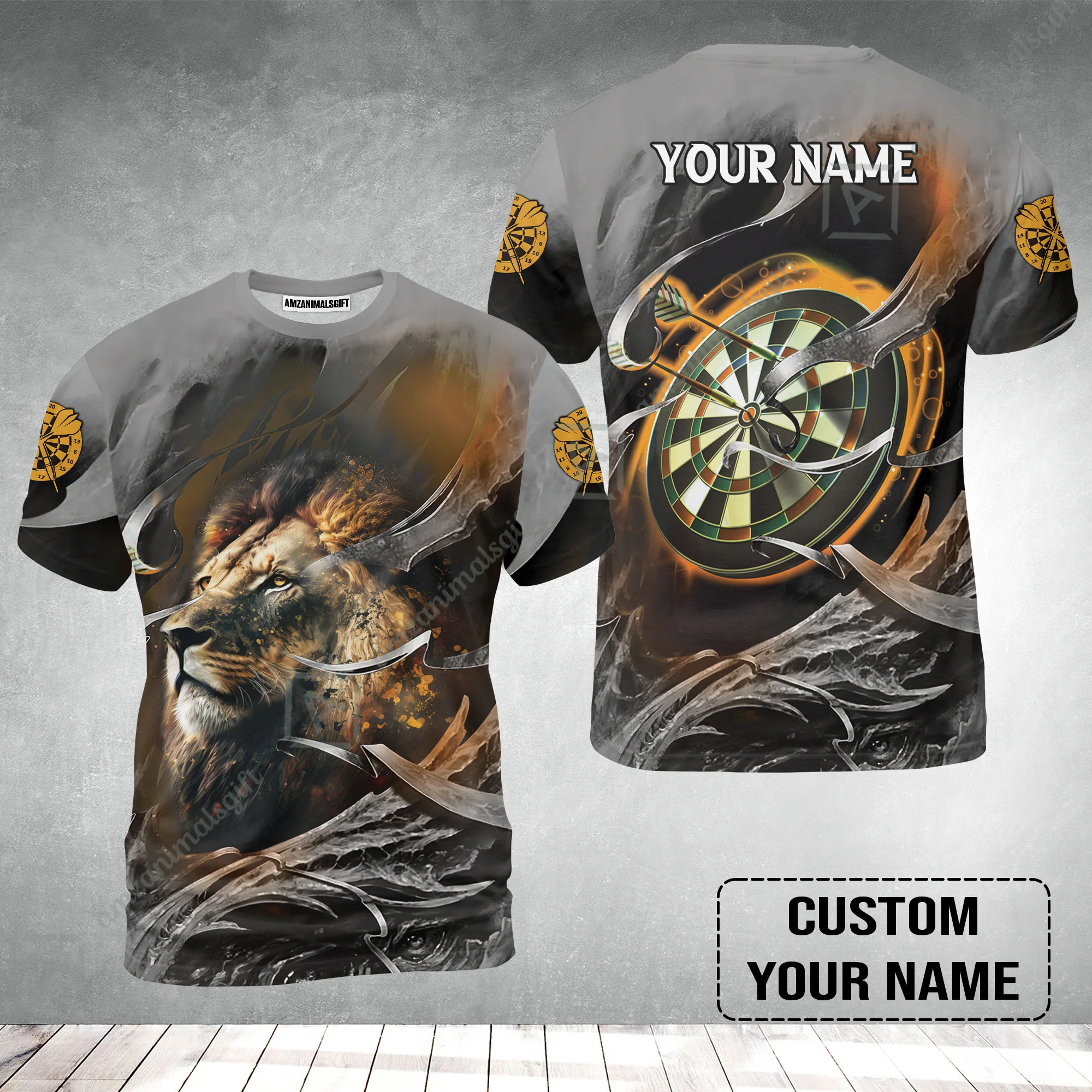 Customized Name Darts T-Shirt, Bullseye Dartboard Personalized Lion And Darts T-Shirt - Image 2