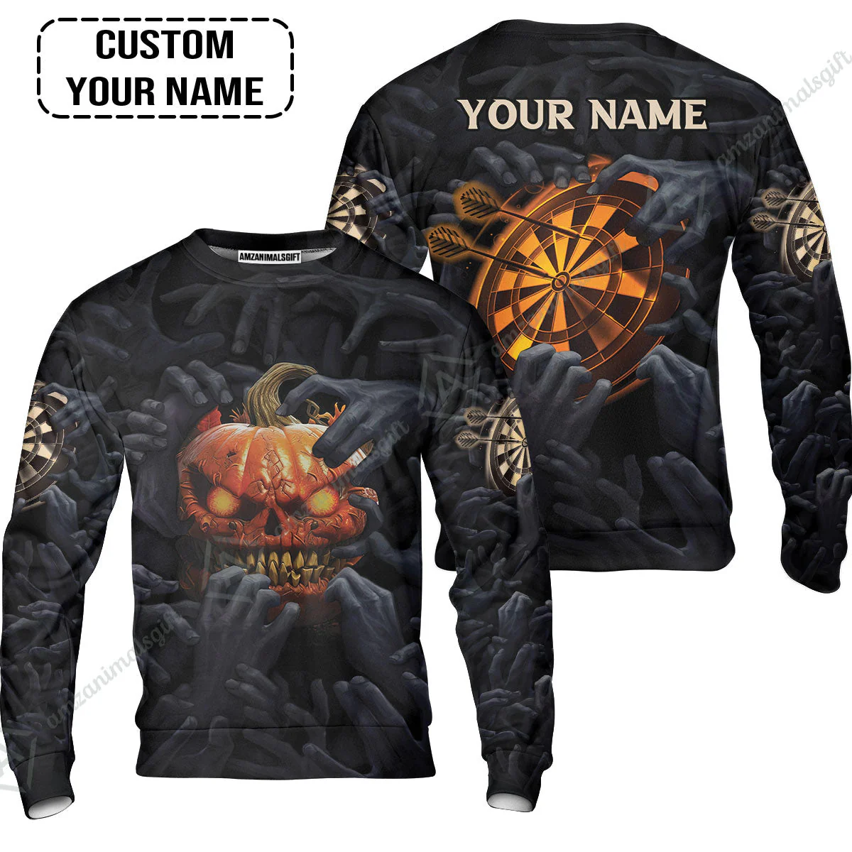 Customized Name Darts T-Shirt, Bullseye Dartboard Personalized Pumpkin And Darts T-Shirt - Image 4