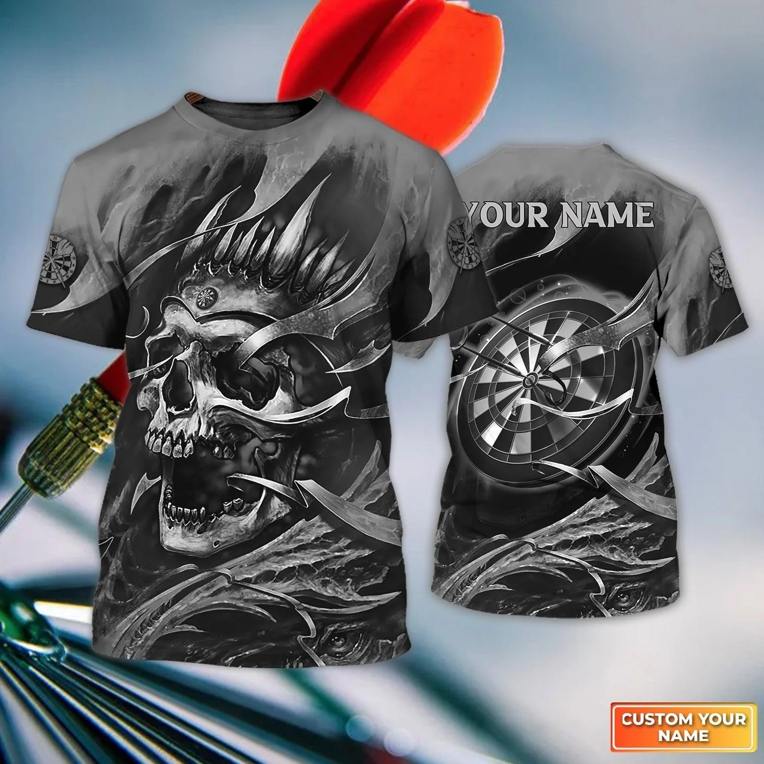 Customized Name Darts T Shirt, Gray Skull Light Dartboard Personalized T Shirt For Men - Gift For Darts Lovers, Darts Player