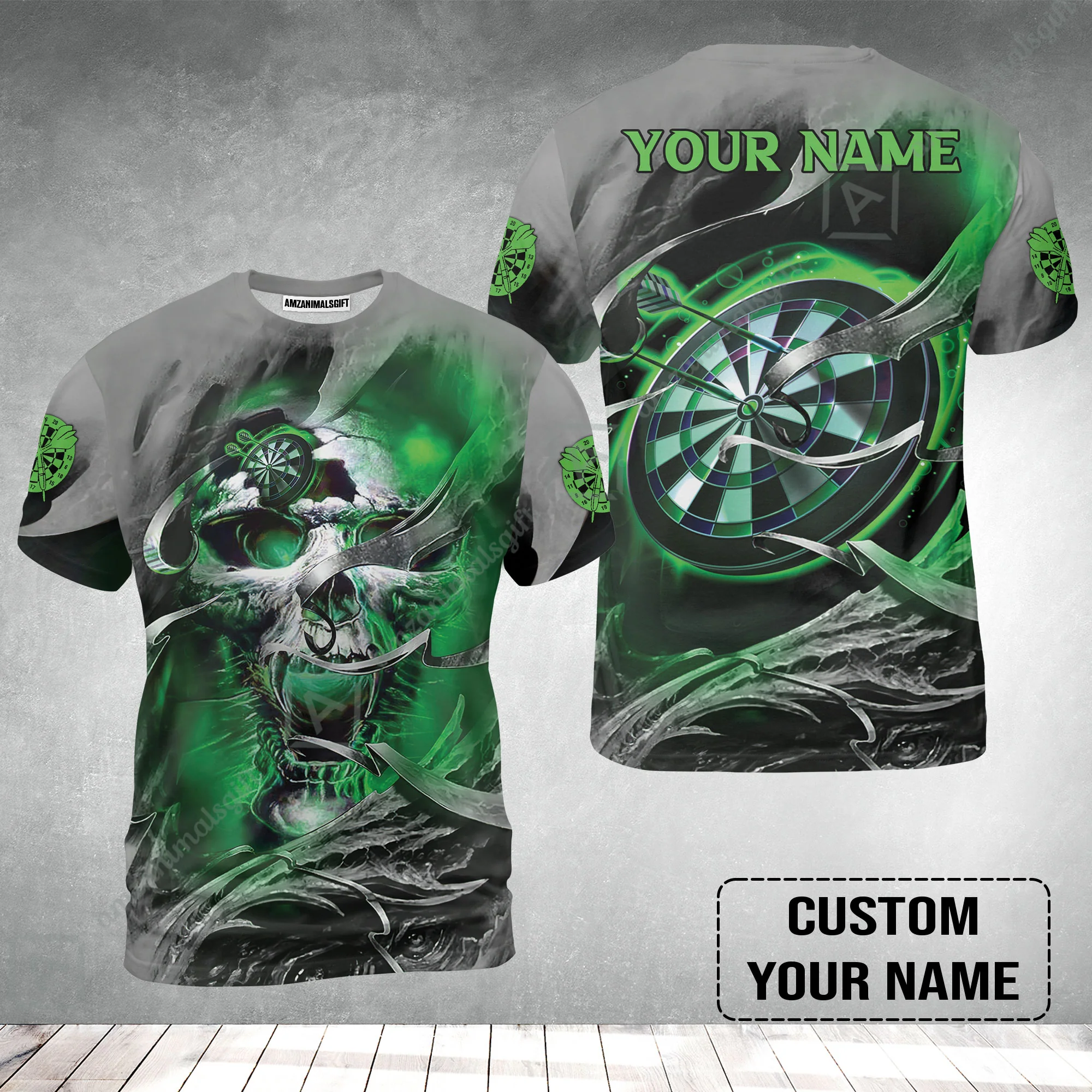 Customized Name Darts T-Shirt, Green Skull Light Dartboard Personalized T-Shirt - Image 2