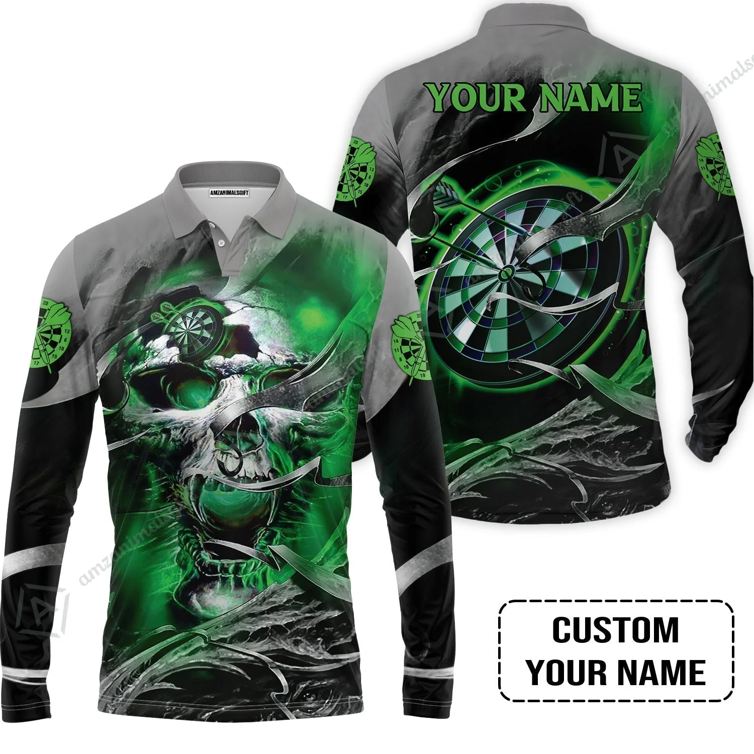 Customized Name Darts T-Shirt, Green Skull Light Dartboard Personalized T-Shirt - Image 7