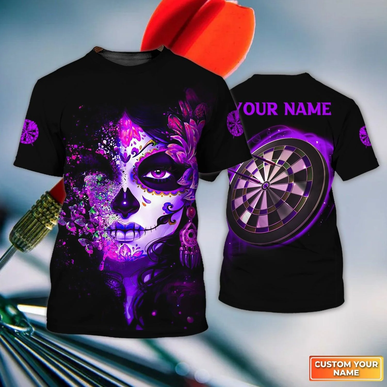 Customized Name Darts T Shirt, Sugar Skull Girl Butterfly And Darts Personalized T Shirt For Men - Gift For Darts Lovers, Darts Player, Dart Team - Image 3