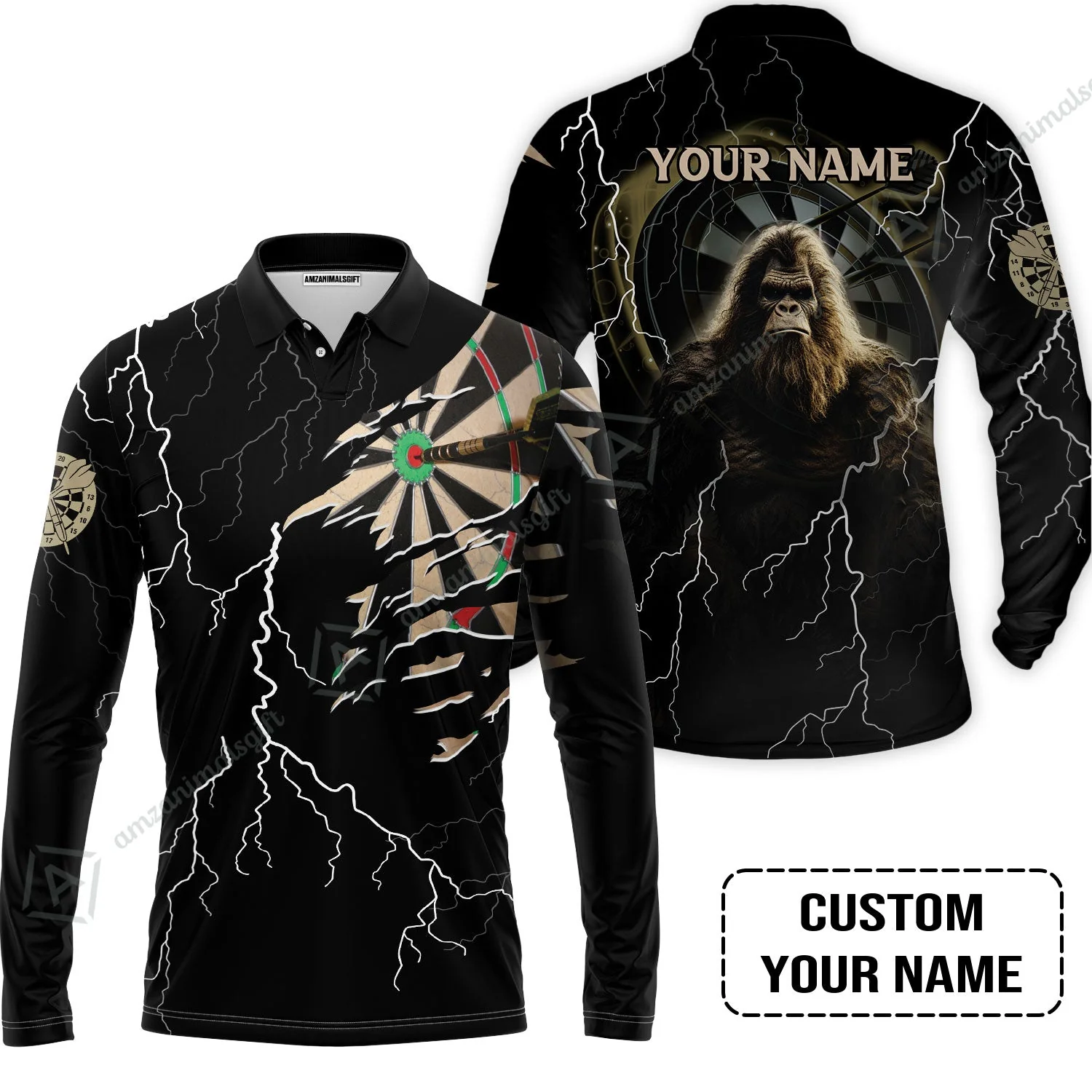 Customized Name Darts Zip Polo Shirt, Bullseye Dartboard Personalized Bigfoot And Darts Zip Polo Shirt - Image 3