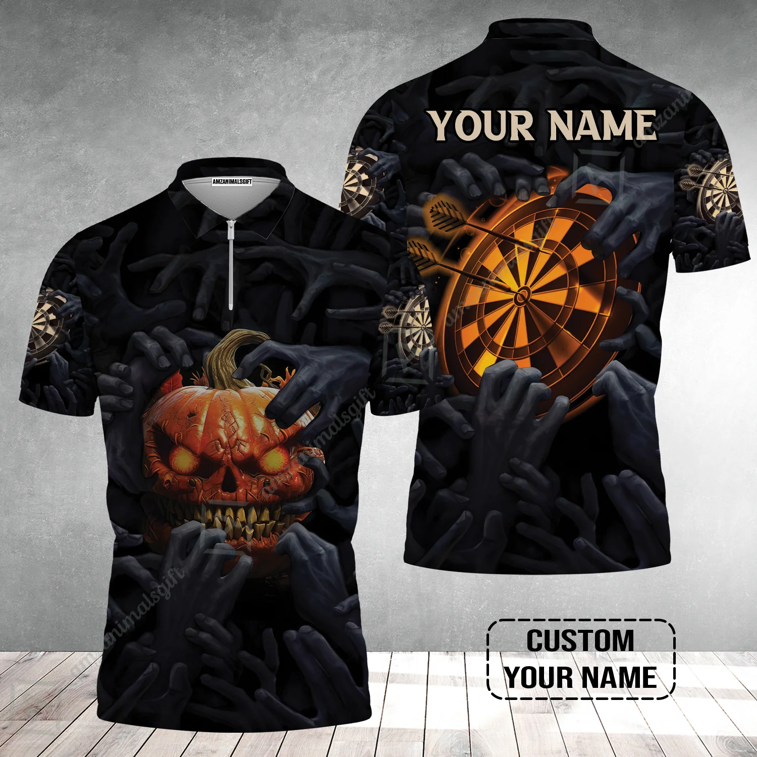 Customized Name Darts Zip Polo Shirt, Bullseye Dartboard Personalized Pumpkin And Darts Zip Polo Shirt - Image 2