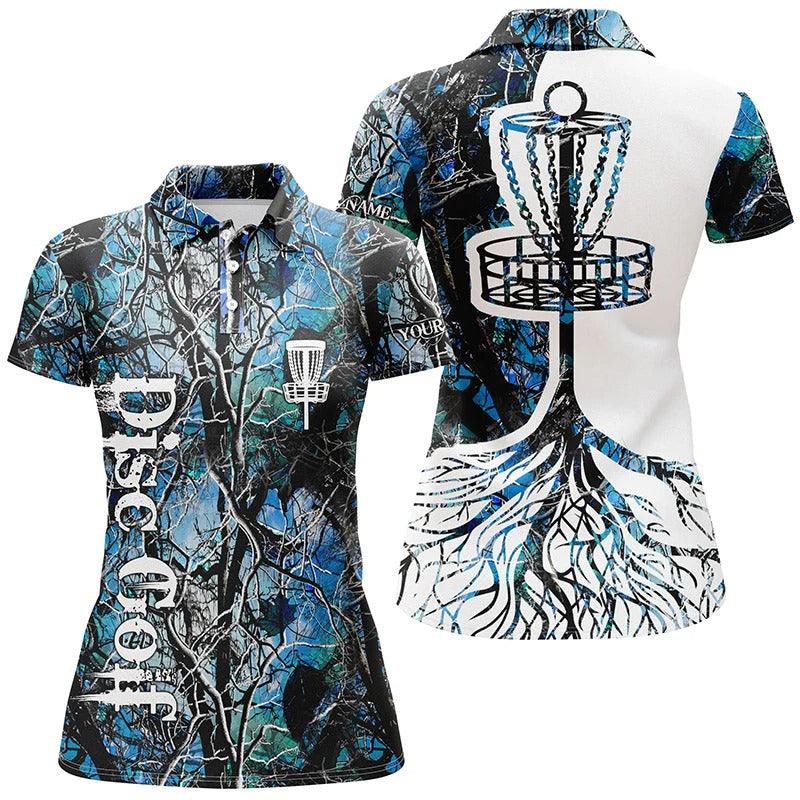 Customized Name Disc Golf Women Polo Shirts, Personalized Name Blue Camo Disc Golf Basket Polo Shirt - Perfect Gift For Ladies, Disc Golf Lovers - Image 2