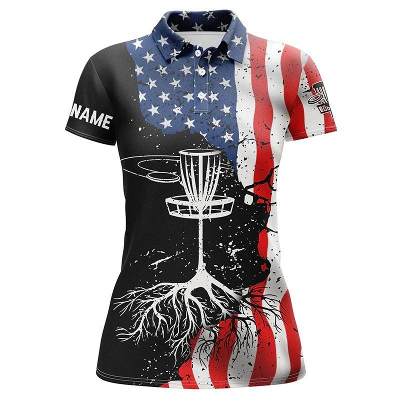 Customized Name Disc Golf Women Polo Shirts, Vintage American Flag Patriotic Performance Polo Shirts - Perfect Gift For Ladies, Disc Golf Lovers - Image 2