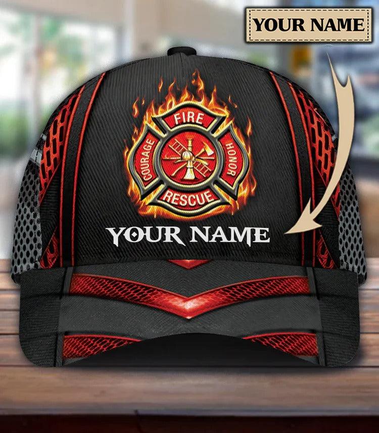 Customized Name Firefighter Classic Cap, Personalized Logo Firefighter With Flame Classic Cap For Men - Perfect Gift For Firefighter, Family, Friends
