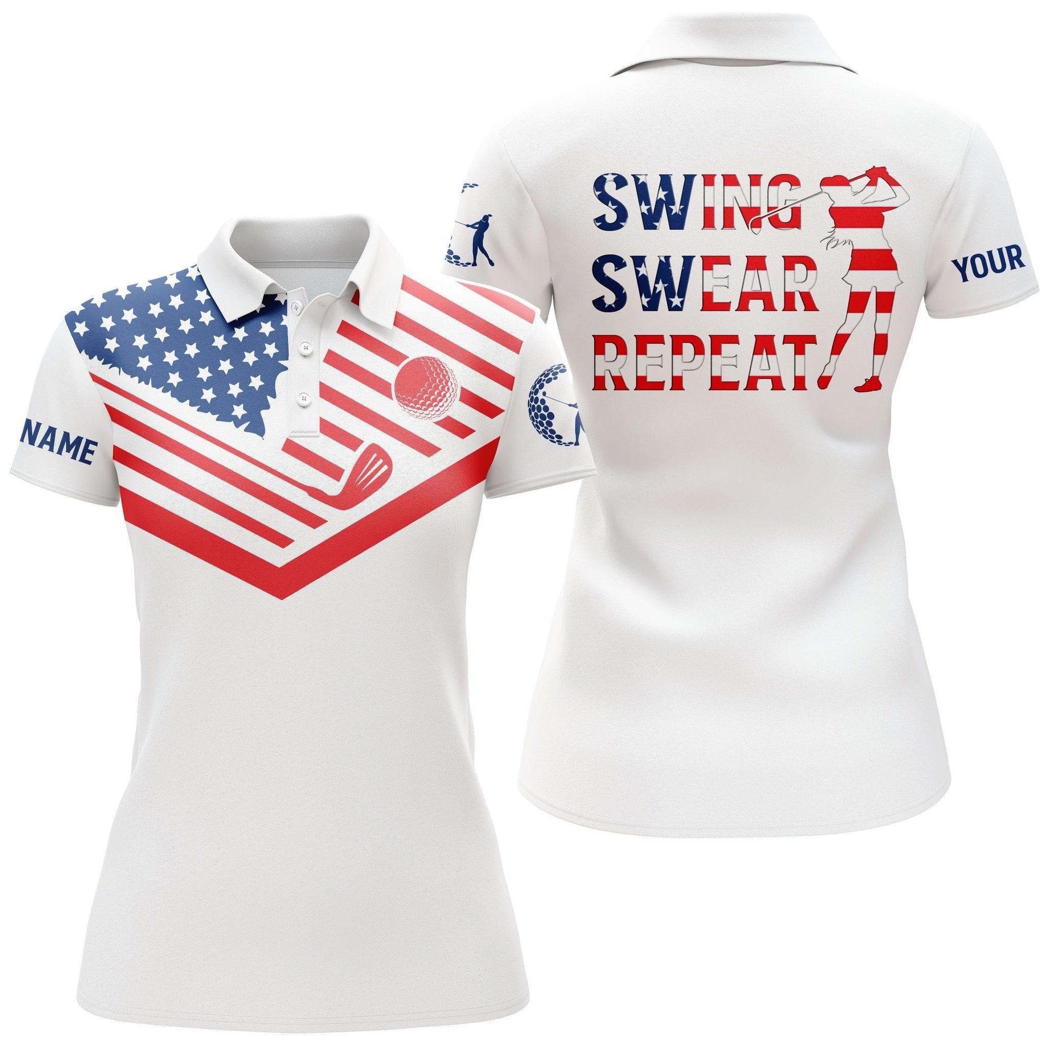 Customized Name Golf Women Polo Shirts, American Flag Patriot, Personalized Swing Swear Repeat For Ladies - Perfect Gift For Golfers, Golf Lovers - Image 2