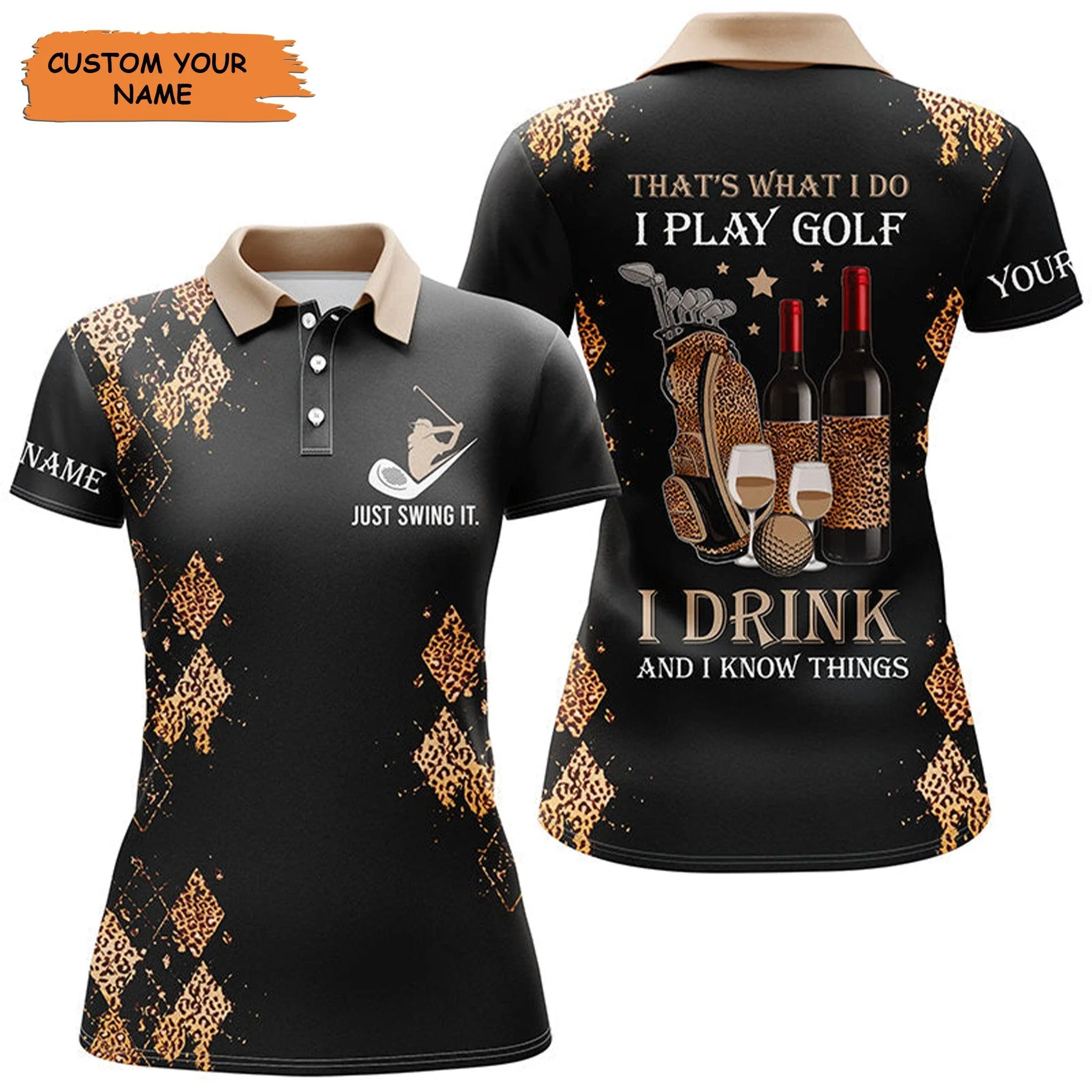 Customized Name Golf Women Polo Shirts, Black Leopard Personalized Golf And Wine That's What I Do Shirt - Perfect Gift For Ladies, Golf Lovers, Golfers