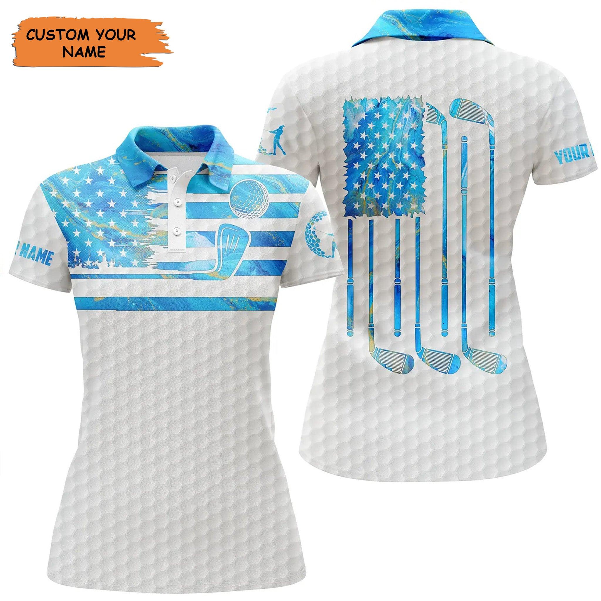 Customized Name Golf Women Polo Shirts, Blue Watercolor US Flag Patriotic Personalized White Polo Shirts - Perfect Gift For Golfers, Golf Lovers