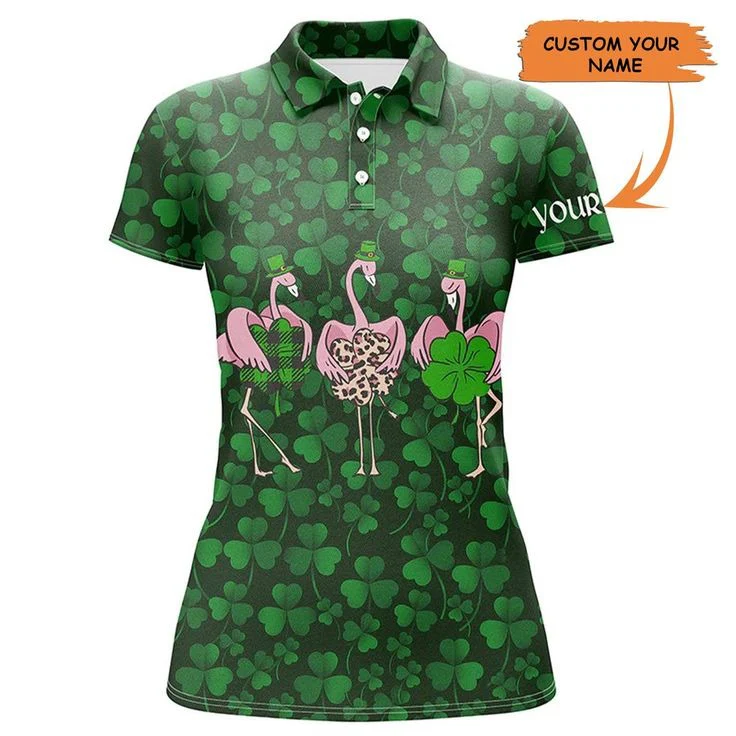 Customized Name Golf Women Polo Shirts - Flamingo Personalized Green Clover St Patrick Day Background - Perfect Gift For Ladies, Golfers, Golf Lovers - Image 2