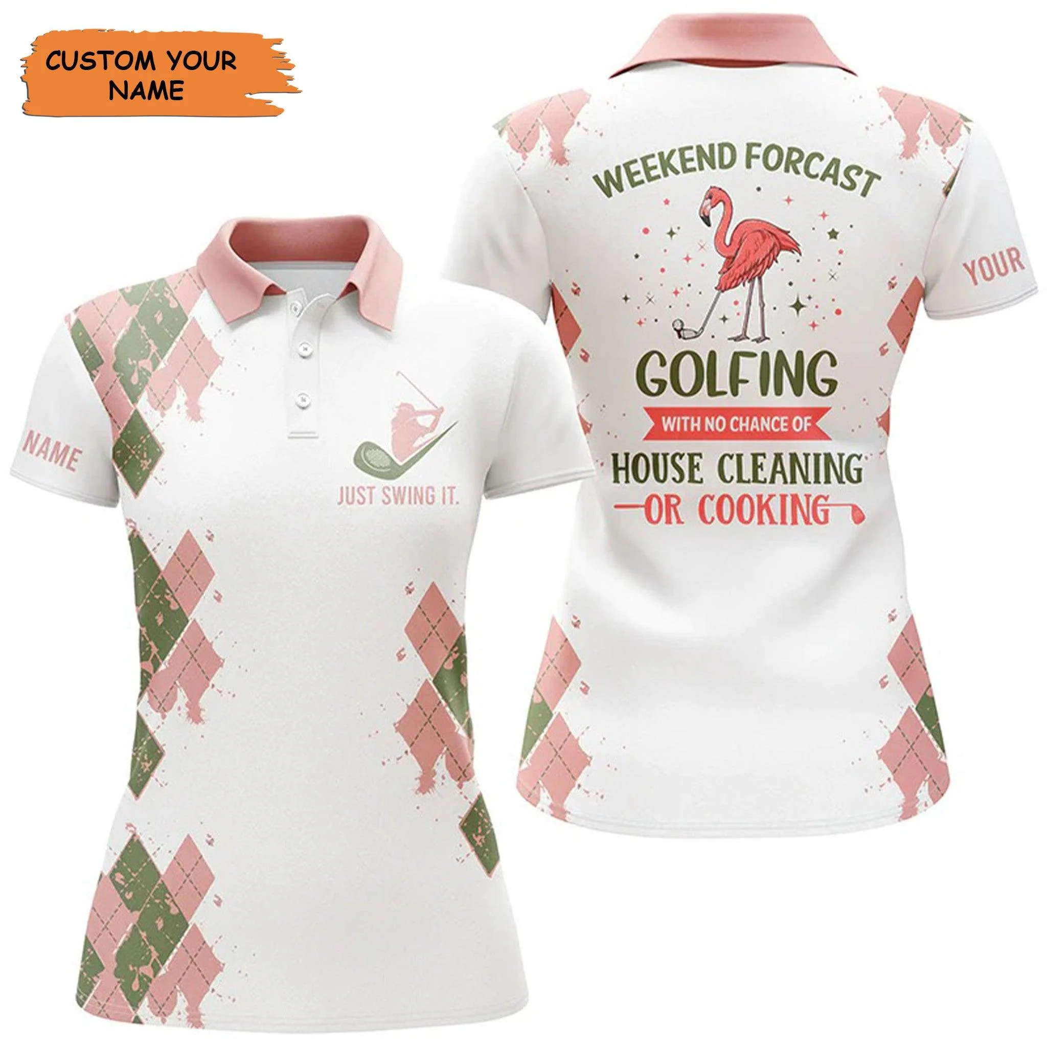 Customized Name Golf Women Polo Shirts, Funny Flamingo Personalized Weekend Forecast Golfing Polo Shirt - Perfect Gift For Ladies, Golfers, Golf Lover