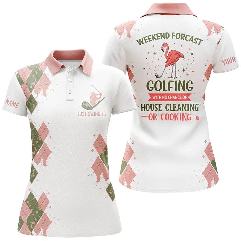 Customized Name Golf Women Polo Shirts, Funny Flamingo Personalized Weekend Forecast Golfing Polo Shirt - Perfect Gift For Ladies, Golfers, Golf Lover - Image 2