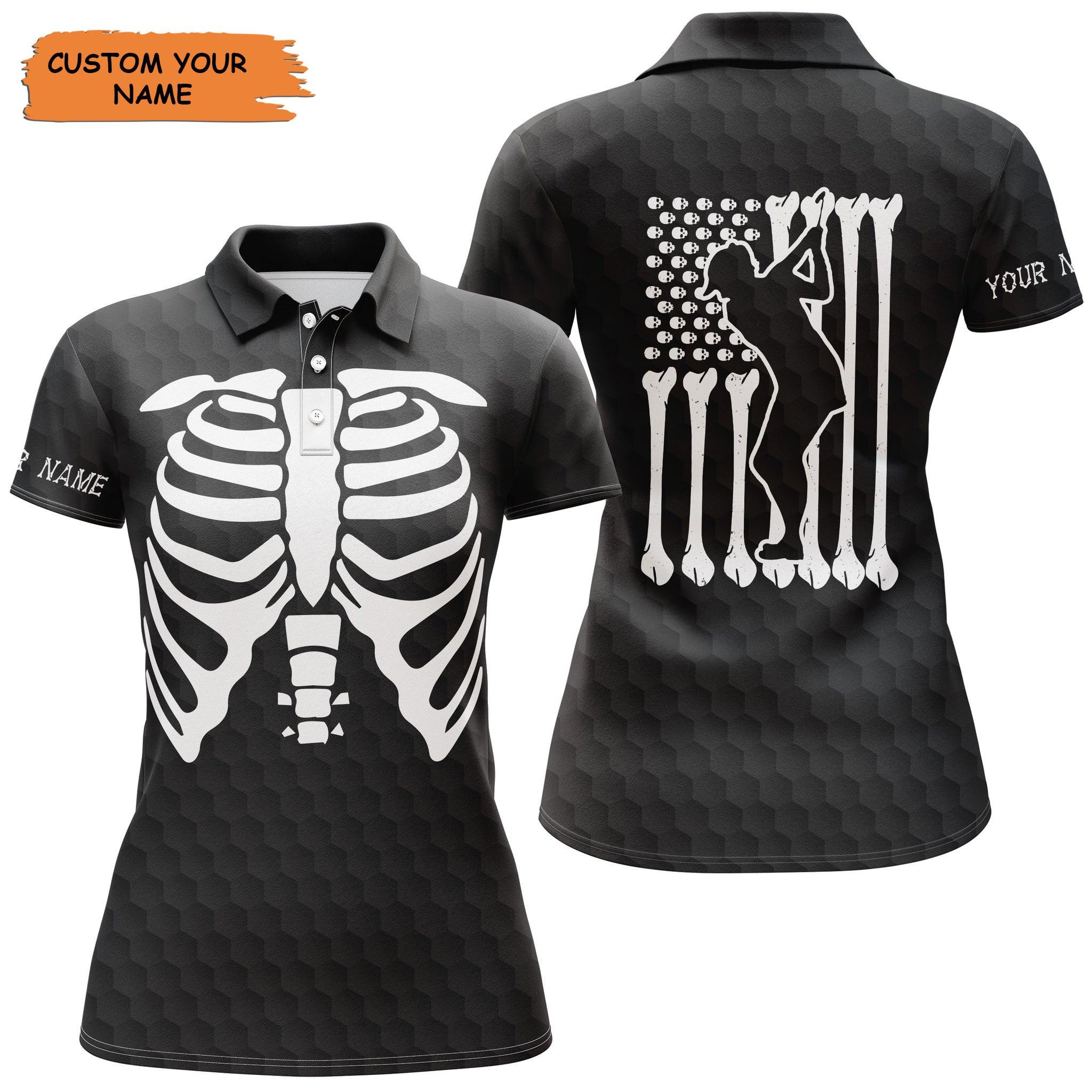 Customized Name Golf Women Polo Shirts, Funny Halloween Personalized Name Skeleton American Flag Shirt - Perfect Gift For Ladies, Golfers, Golf Lovers